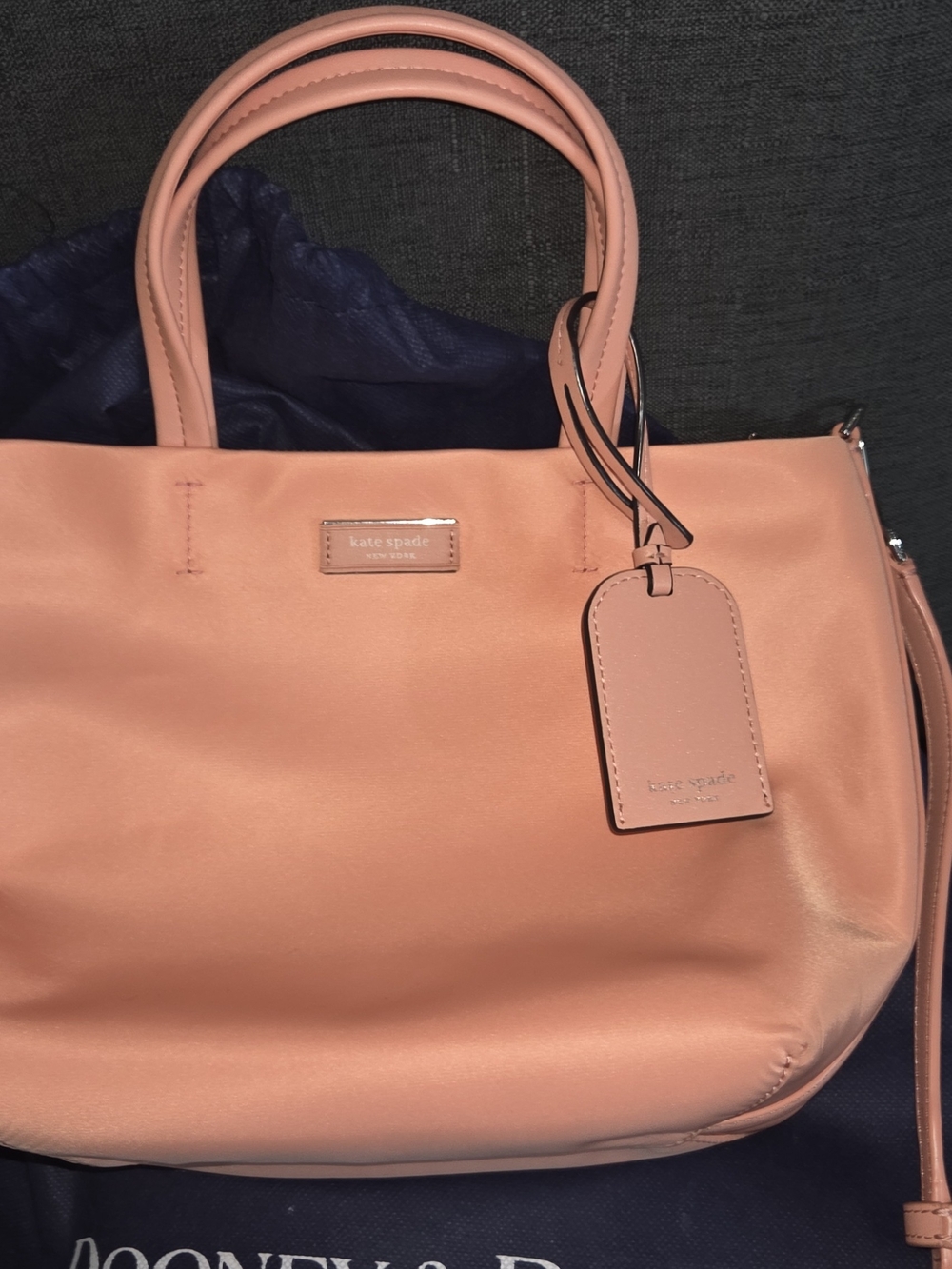 kate spade coral-pink leather tote with luggage tag